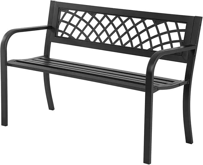 Garden Bench,Outdoor Benches,Iron Steel Frame Patio Bench with Mesh Pattern and Plastic Backrest Armrests for Lawn Yard Porch Work Entryway,Black by GreenHaven Gardens