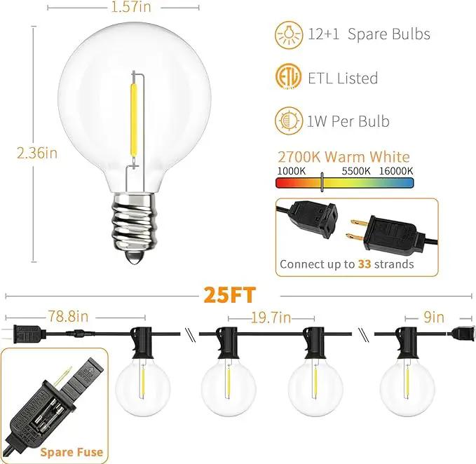 Svater Outdoor String Lights LED 25 FT, Patio Globe Lights with 13 Plastic G40 Bulbs, Waterproof Dimmable Outside Hanging Light for Backyard Bistro Cafe Porch Party Decor, 2700K Warm White by GreenHaven Gardens