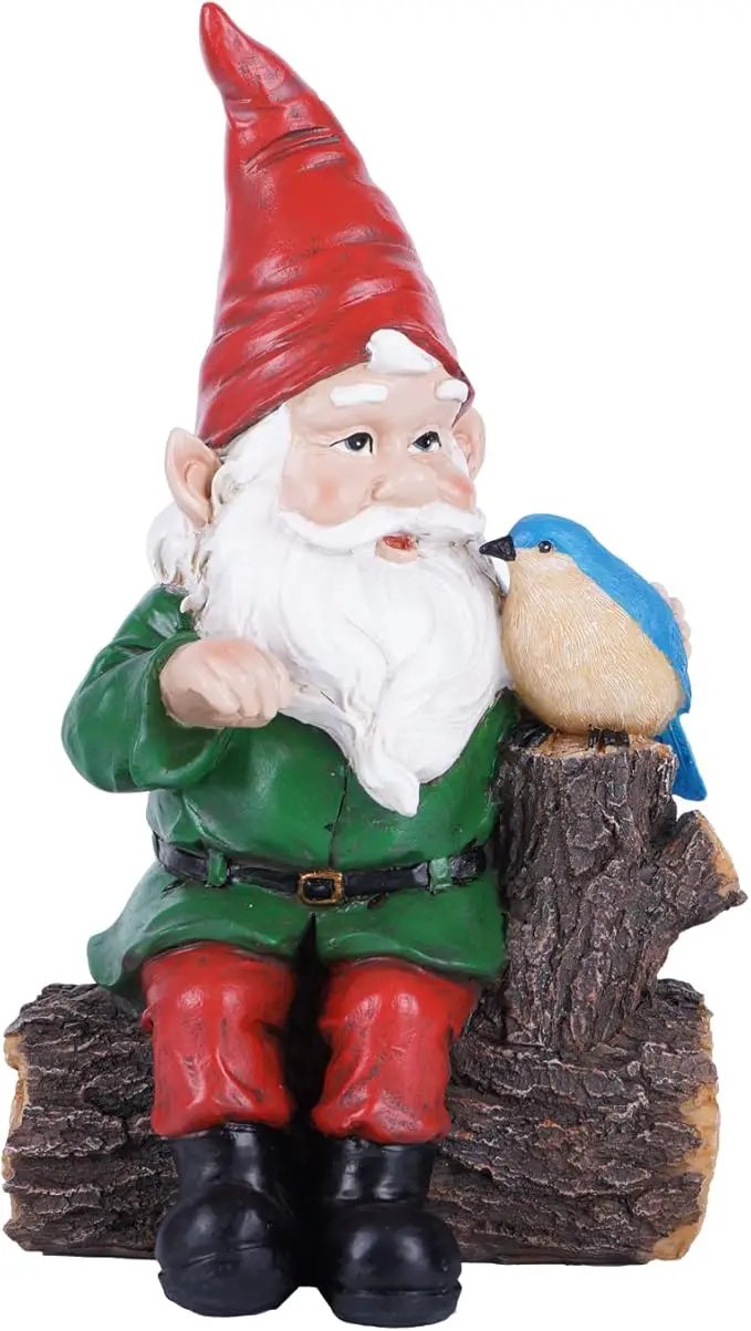 Garden Gnome Statues with Bird Resin Sculpture Gnome Sitting on The Stump Outdoor Statues for Outdoor Garden Decor by GreenHaven Gardens