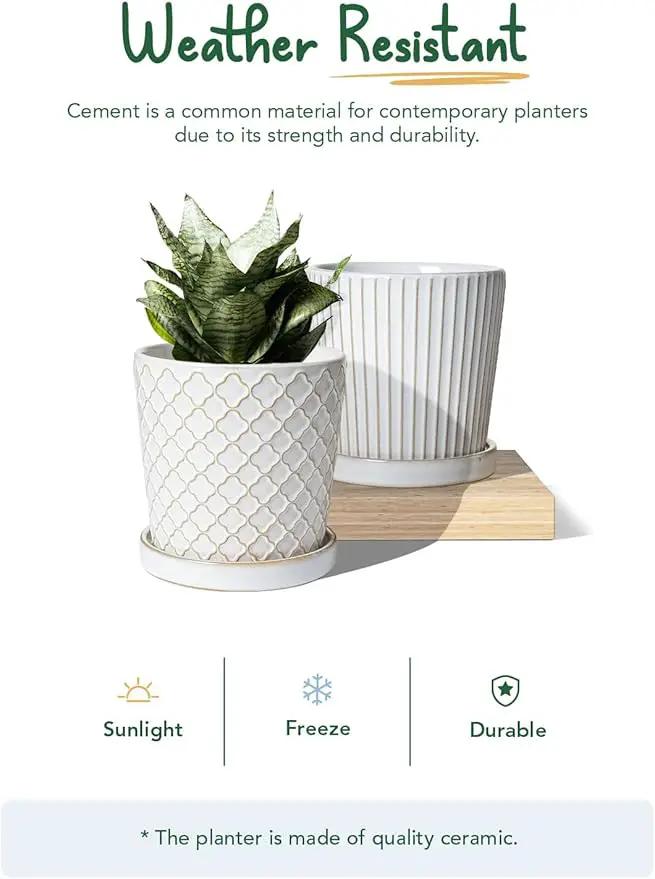 LE TAUCI Ceramic Pots for Plants, 5.4 Inch Plant Pots with Drainage Hole and Saucer, Indoor Plant Pots for Succulent, Snake Plants and Cactus, Flower Pots, Set of 2, Reactive Glaze White by GreenHaven Gardens
