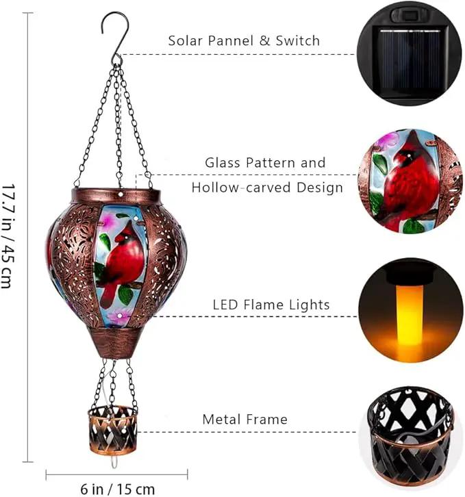 Cardinal Solar Hot Air Balloon Lantern with Flickering Flame Hanging Solar Lanterns Outdoor Waterproof,Metal Hot Air Balloon Lights for Patio Yard Party Garden Decor,Cardinal Gifts for Women by GreenHaven Gardens