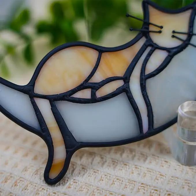 BOXCASA Sleeping Cat Stained Glass Windown Hanging,Yellow Cat on Moon Beautiful Handcrafted Sun Catcher Gifts for Daughter,Mothers Day,Christmas and Cat Lover by GreenHaven Gardens