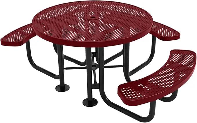 Heavy-Duty Portable Outdoor Picnic Table with Umbrella Hole, Punched Steel Patio Dining Furniture Made in America (46" Round Top, Burgundy) by GreenHaven Gardens