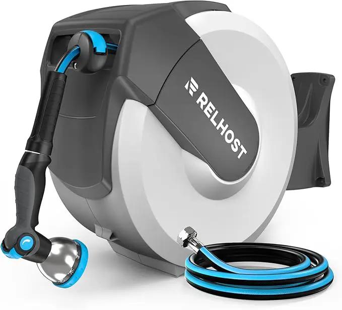 Retractable Garden Hose Reel 65 ft x 5/8 in, Heavy Duty Hose Reel Wall Mount with Any Length Lock, Auto Rewind System, 180° Swivel Bracket, 10-Pattern Garden Hose Nozzle, White & Grey by GreenHaven Gardens