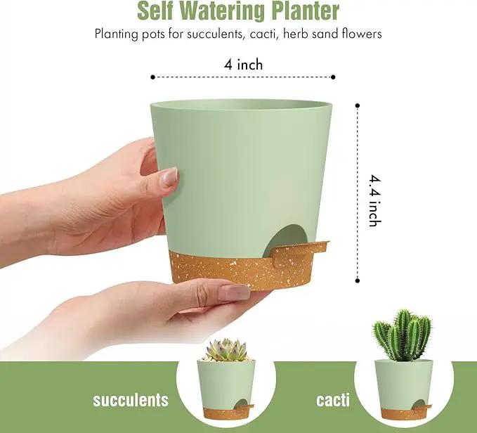 4 inch Self Watering Pots for Indoor Outdoor Plants, 6 Pack Plastic Flower Planters with Drainage Holes and Removable Saucers, Plant Pots with Wicking Rope, Modern Decor, Green Brown by GreenHaven Gardens