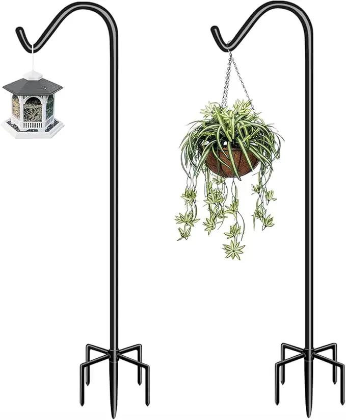 Garbuildman 92 Inch Tall Shepherd Hooks with 5-Forked Base, Adjustable Heavy Duty Bird Feeder Pole Stand Hanger for Outdoor, Shiny Black, 2 Pack by GreenHaven Gardens