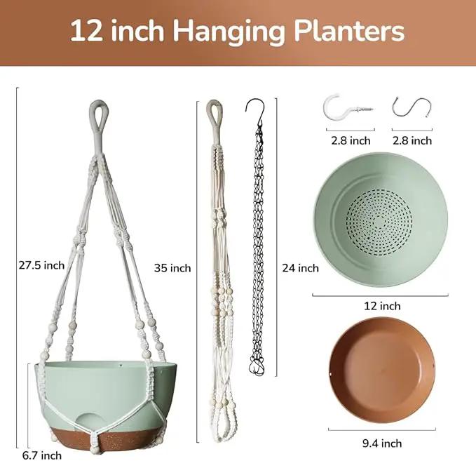12 Inch Hanging Baskets for Plants Outdoor, Hanging Planters for Indoor Outdoor Plants, Hanging Planter with Self Watering, Hanging Flower Pots (Green Planter with Macrame + Iron Hangers) by GreenHaven Gardens