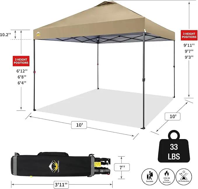 CROWN SHADES 10x10 Pop Up Canopy Tent - Patented Center Lock One Push Instant Outdoor Canopy Beach Tent with STO-N-Go Bag 8 Stakes & 4 Sand Bags，Khaki by GreenHaven Gardens