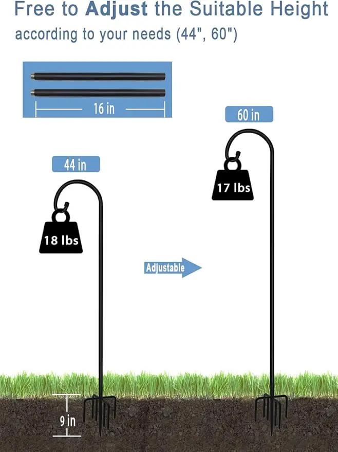 60 inch Outdoor Shepherd Hook with Upgraded 7 Prong Base (1 Pack), Adjustable Heavy Duty Garden Hanging Stake for Bird Feeder Solar Light Plant Hanger Wedding Decor, Matte Black by GreenHaven Gardens