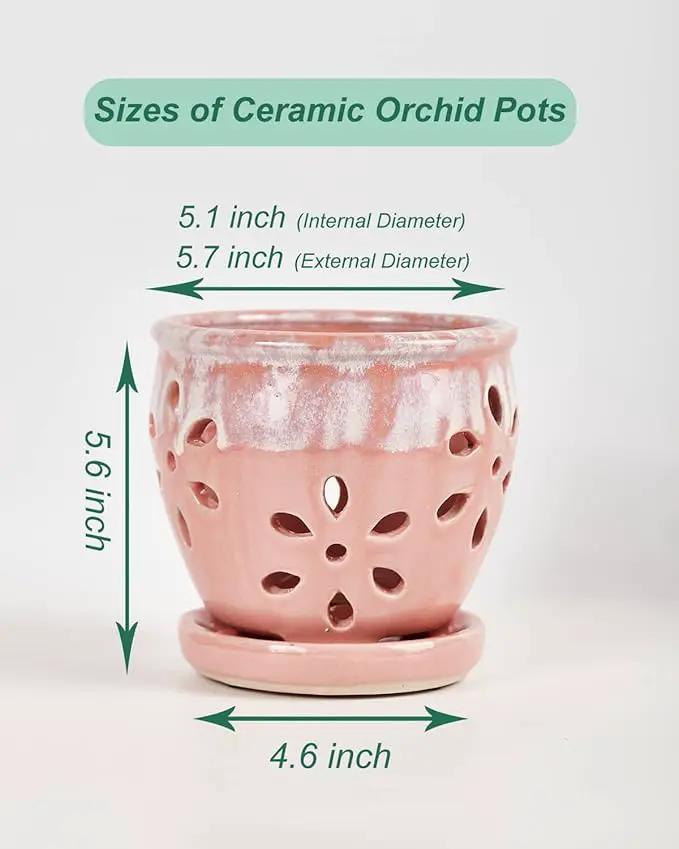 vensovo 5 Inch Ceramic Orchid Pots with Holes and Saucers - 1 Pcs Small Succulent Pot for Repotting, Garden Flowerpots for Plants Indoor and Outdoor Promotes Air Circulation, Pink by GreenHaven Gardens