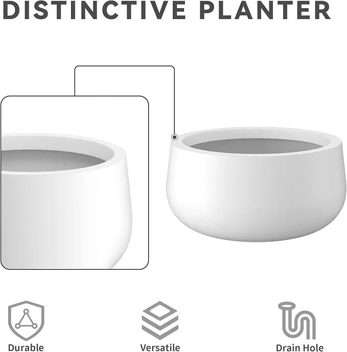 Kante 11.8" Dia Round Concrete Planter, Cement Plant Pots with Drainage Hole and Rubber Plug for Outdoor Indoor Garden Home, Modern Curvaceous Design, Pure White by GreenHaven Gardens