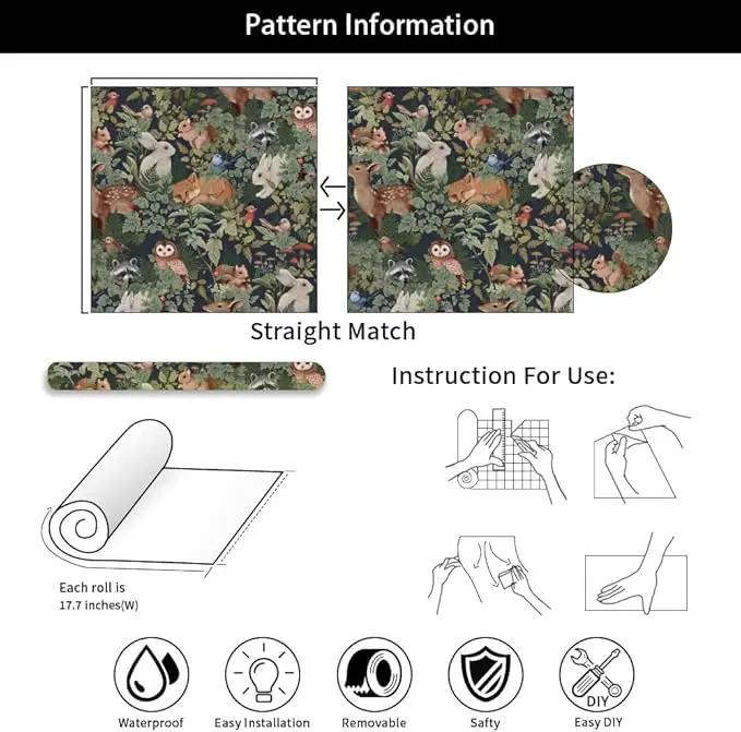 Animal Leaf Forest Deer Rabbits Squirrel Owl Green Plants Peel and Stick Wallpaper Self Adhesive Removable Easy Peel Off Contact Paper Stick on Wall Paper for Bedroom&Renter by GreenHaven Gardens