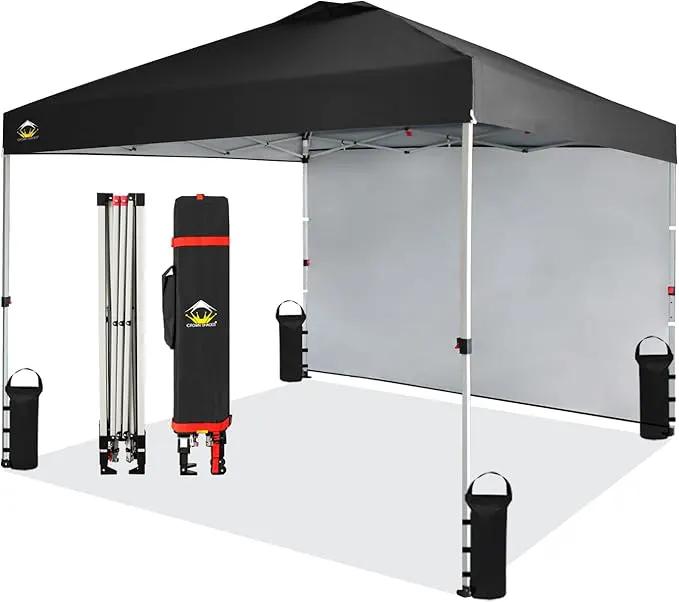 CROWN SHADES 10x10 Pop Up Canopy with 1 Side Wall - Beach Tent with One Push Setup - Outdoor Sun Shade for Events, Parties, Camping - Gazebo with STO-N-Go Cover Bag (Black) by GreenHaven Gardens
