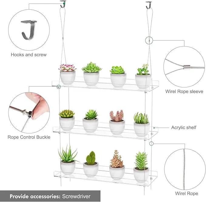 Clear Hanging Window Plant Shelves,2-Pack 3-Tier,Indoor Windows Wall Hanging Plant Stand Flower Display,Flower Pot Organizer Storage for Window Grow Herbs,Microgreens,Succulents,Flower,16-Inch by GreenHaven Gardens