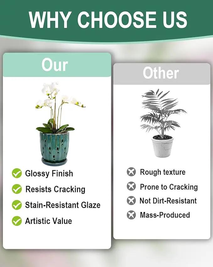 vensovo 6 Inch Ceramic Orchid Pot - Orchid Pot with Holes for Repotting, Ceramic Planter with Saucer for Indoor/Outdoor Plants, Green by GreenHaven Gardens