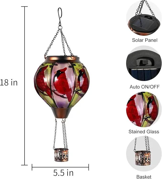 Cardinal Bird Hot Air Balloon Solar Lantern Lights, Solar Hot Air Balloon Flickering Flame Hanging Garden Light Candle LED Glass & Metal Outdoor Waterproof Lanterns Porch Yard Decor, Gift for Mom by GreenHaven Gardens