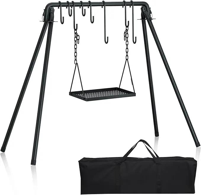 RELIANCER Grill Swing,Campfire Grill Cooking Stand w/8 Hooks & Storage Bag,Cast Iron BBQ Party Swing Grilling Cooking Rack,Outdoor Picnic Camping Cookware Hanging Rack,Collapsible Bonfire Barbecue Set by GreenHaven Gardens