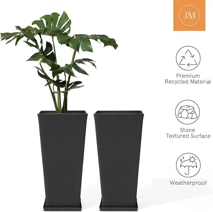 LA JOLIE MUSE 30 inch Tall Black Planters Set of 2, Indoor/Outdoor Rectangular Large V Shaped Taper Planters for Front Door by GreenHaven Gardens