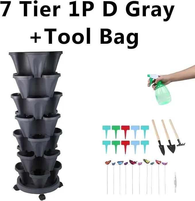 Vertical Planter, 7 Tier Stackable Strawberry Planter with Garden Tool Set, Movable Indoor/Outdoor Garden Herb Pot for Growing Vegetables and Succulents, Dark Gray by GreenHaven Gardens