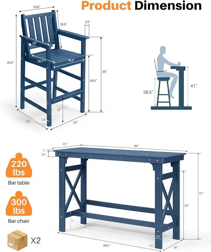 3 Pieces HDPE Outdoor Patio Bar Set, Rectangular Outdoor Bar Height Table and Chairs Set, Adirondack Patio Bar Stools Set, Outdoor Bar Table and Chairs Set for Balcony, Poolside, Porch, Navy by GreenHaven Gardens