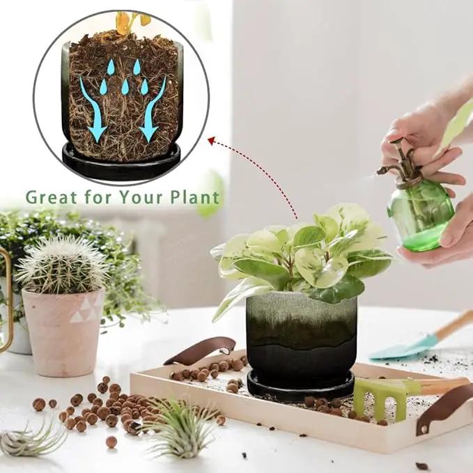 Oairse Ceramic Pot for Plants - 5.5 inch Small Planter with Drainage Hole and Saucers - Gradient Black Outdoor Indoor Flower Pot for Succulent, Cactus, Snake Plant, Herb by GreenHaven Gardens