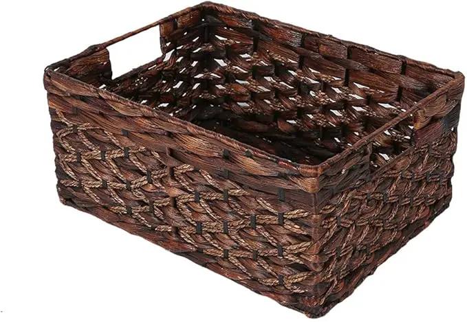 Rectangular Woven Water Hyacinth Basket,Dark Storage Basket With Inside Handle Shelves Kitchen Office Desk (Small) by GreenHaven Gardens