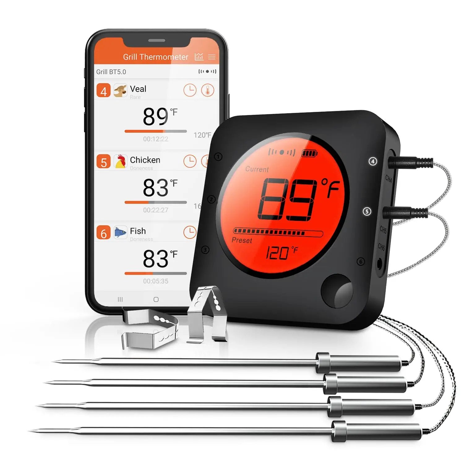 BFOUR Wireless Grill Thermometer, Bluetooth Meat Thermometer, Digital BBQ Meat Thermometer for Grilling Smoker Oven, Smart APP Alarm Monitor Instant Read with 4 Stainless Steel Probes by GreenHaven Gardens