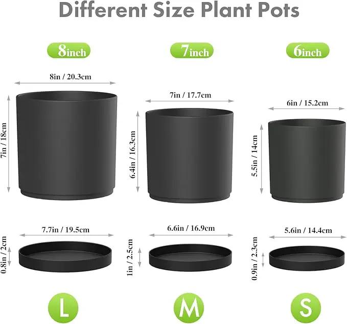 8/7/6 inch Plant Pots, 3 Set Cylinder Flower Pots for Outdoor Indoor Plants, Decorative Plastic Planters with Drainage Holes and Saucers for Garden House Plants, Black by GreenHaven Gardens