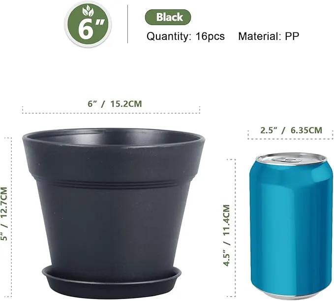 6 inch Nursery Pots, Seedling Pots, 16 Pack Plant Pots for Indoor Outdoor Plants, Flower Pots with Drainage Holes and Saucers, Decorative Plastic Planters for Home Small Plants, Black by GreenHaven Gardens
