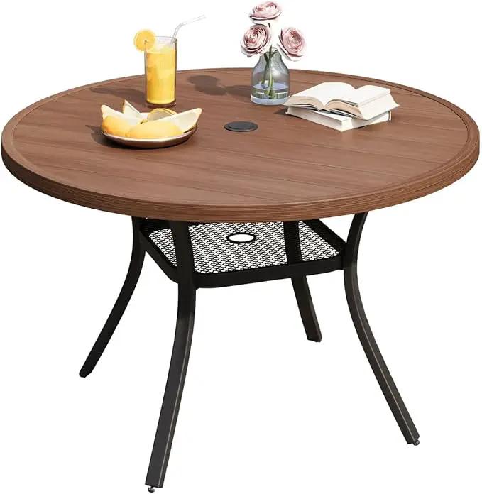 DIFY 48" Round Patio Dining Table for 6, All Weather Round Outdoor Metal Dining Table with 1.57" Umbrella Hole, Perfect for Backyard Lawn Garden, Walnut by GreenHaven Gardens