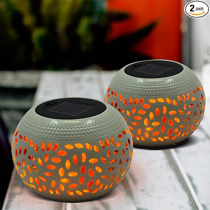 Solar Table Lantern Outdoor Waterproof-2PACK Dancing Flickering Flame Solar Light,White Metal Desktop Decorative Lamp Auto On/Off Lighting Dusk to Dawn for Indoor Desk Patio Garden Pathway Yard by GreenHaven Gardens