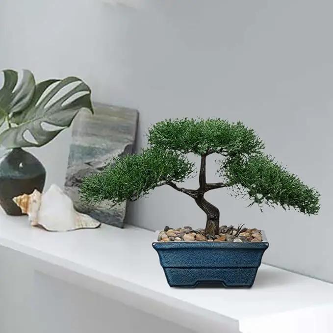 Artificial Bonsai Tree Juniper Faux Plants Indoor Fake Plants Decor with Blue Ceramic Pots for Home Table Office Desk Bathroom Shelf Bedroom Living Room Farmhouse Decorations-Pine by GreenHaven Gardens