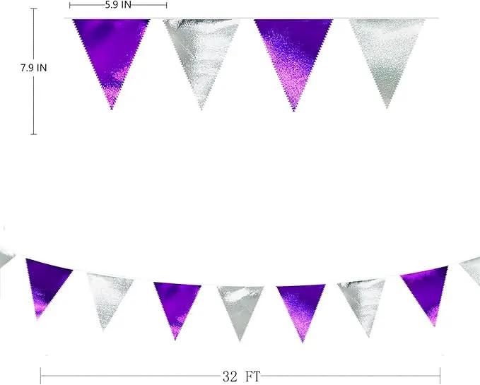 Purple and Silver Party Decorations Triangle Pennant Banner Flag Metallic Fabric Bunting Garland for Birthday Graduation Retirement Bachelorette Wedding Bridal Shower Engagement Disco Party Supplies by GreenHaven Gardens