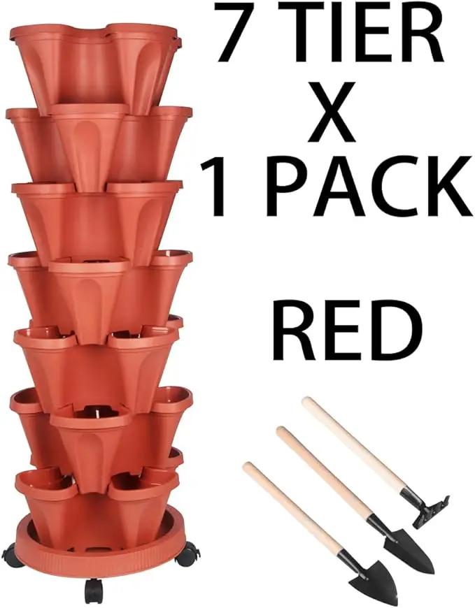 Vertical Planter 7 Tier Stackable Planters Garden Planters Strawberry Herb Flower and Vegetable Planter Indoor Outdoor Gardening Pots with Removable Wheels and Tools by GreenHaven Gardens