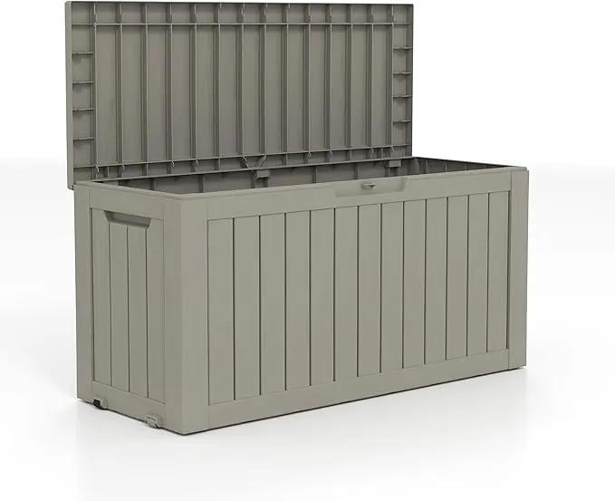 90 Gallon Lockable Resin Deck Box with Wheels, Waterproof & UV-Resistant Outdoor Storage Box for Outdoor Cushion Storage, Garden Tools & Pool Accessories Storage, Gray by GreenHaven Gardens