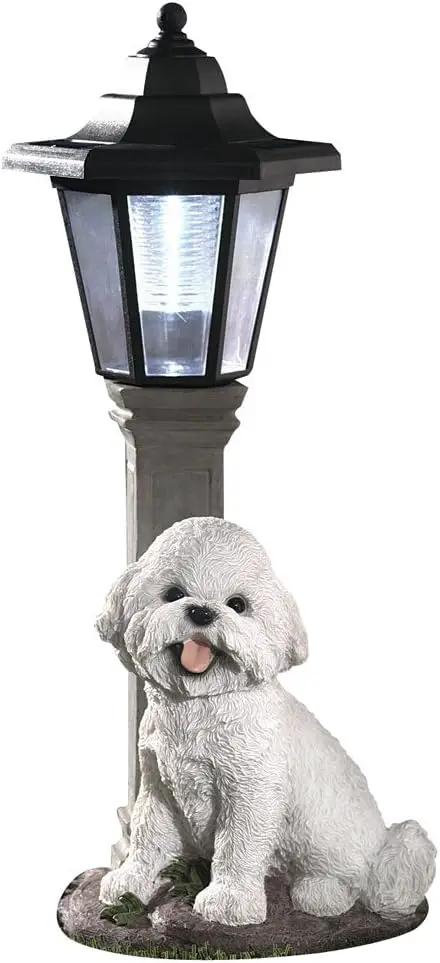 Bits and Pieces-Solar Bichon Lantern-Solar Powered Garden Lantern - Resin Dog Sculpture with LED Light by GreenHaven Gardens