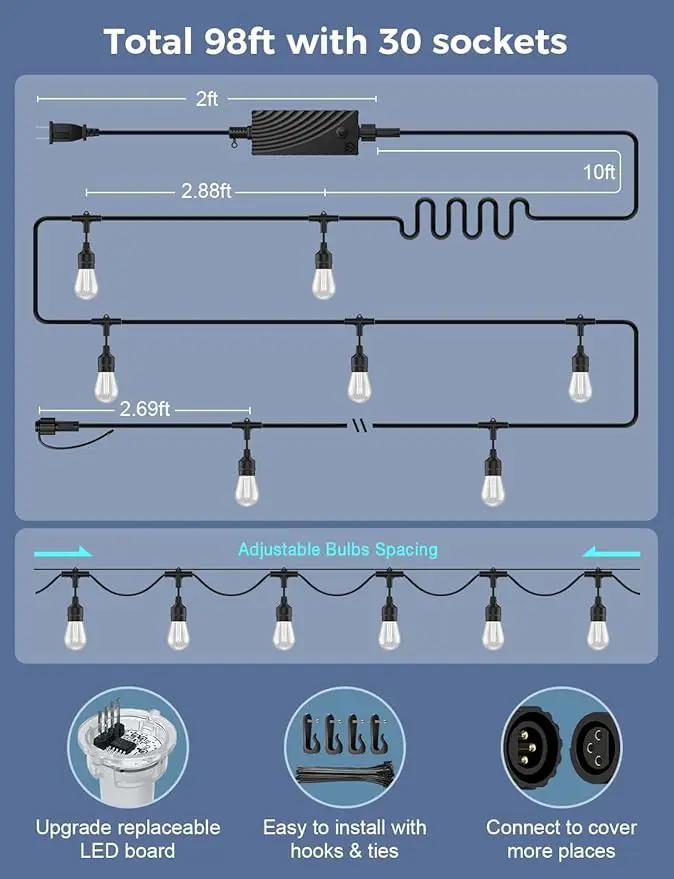 XMCOSY+ Smart Outdoor String Lights, 98Ft Patio Lights Waterproof, App Control, Compatible with Alexa, RGBCWIC Color Changing LED String Light for Outside by GreenHaven Gardens