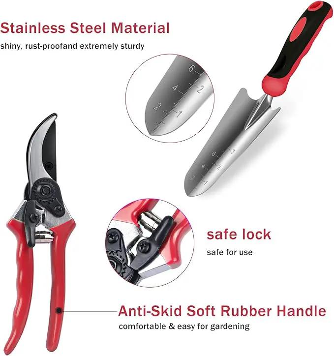 Red Gardening Tools, WisaKey 9 Piece Stainless Steel Heavy Duty Garden Tools, Red Gardening Hand Tools with Non-Slip Ergonomic Handle, Garden Tote Bag, Gardening kit, Gardening Gifts for Women and Men by GreenHaven Gardens