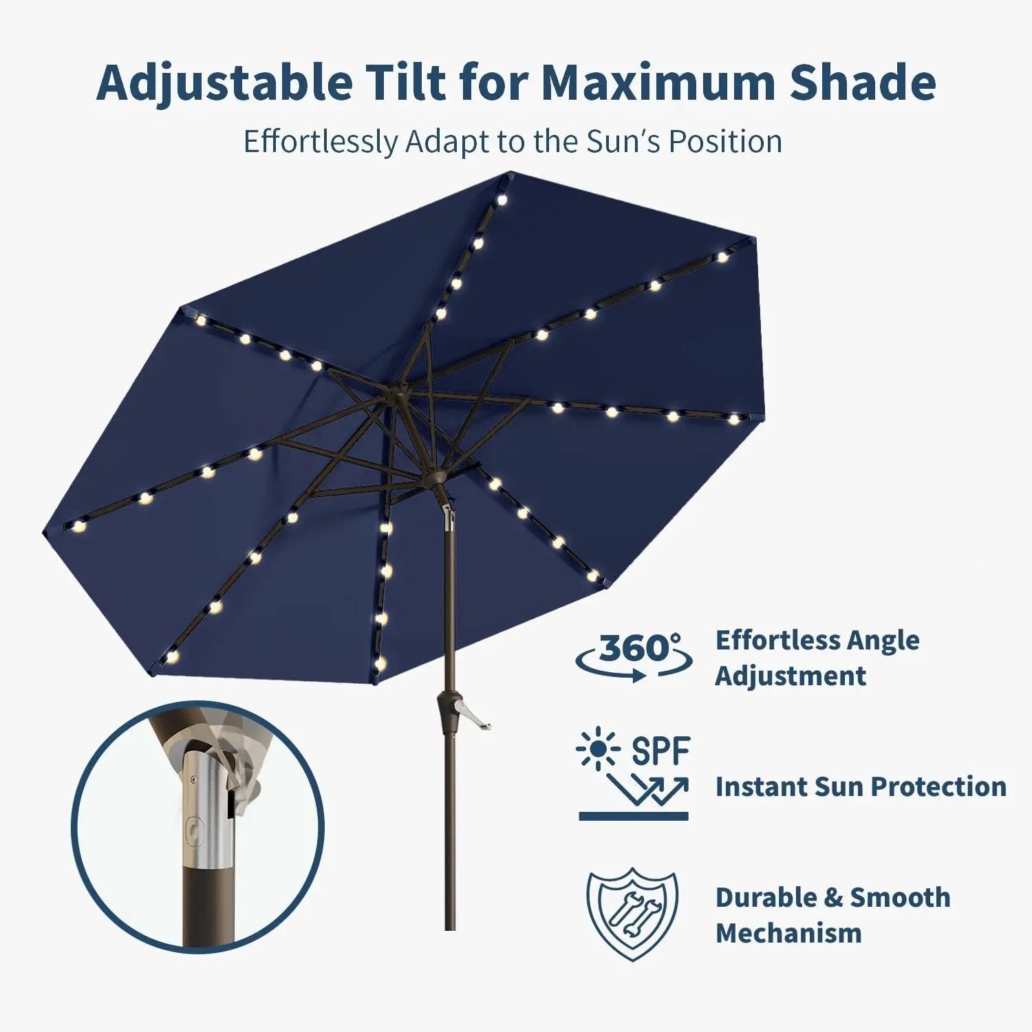 9FT Solar Umbrella 32 LED Lighted Patio Umbrella Table Market Umbrella w/Tilt and Crank, UV-Resistant Outdoor Umbrella for Pool, Garden, Deck, Navy Blue by GreenHaven Gardens
