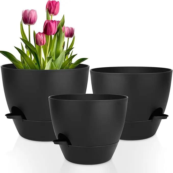 Plant Pots 12/10/9 Inch Self Watering Pots, Set of 3 Plastic Planters with Drainage Holes and Saucers,Plastic Flower Pots,Nursery Planting Pot for Indoor Out Door Plants(Pure Black) by GreenHaven Gardens