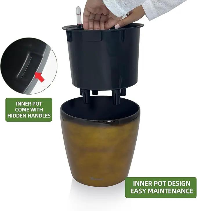Dexceder 9x8 Inches Self Watering Planter Indoor Outdoor, Inner Pot Design, Thickened Table Flower Plant Pot with Water Level Indicator (Yellow Brown Gradient) by GreenHaven Gardens