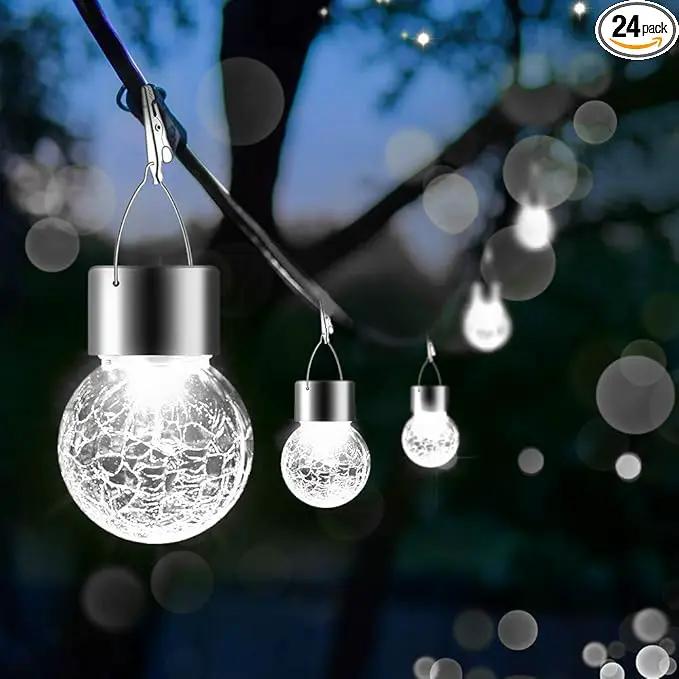 Solar Lights Outdoor Hanging Decorative Globe 24 Pack, Waterproof Solar Lantern with Handle and Clip, Solar Powered Glass Ball Lights for Garden Yard Fence Tree Umbrella Holiday Décor, Cold White by GreenHaven Gardens