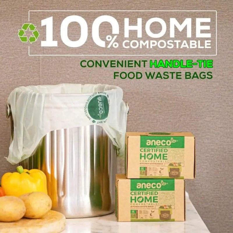 ANECO 100% Compostable Food Waste Bags 2.6 Gallon With Handles, Small Compost Bags for Countertop Bin, OK Compost HOME & BPI Certified Compostable Kitchen Food Waste Bag (45 Count) by GreenHaven Gardens