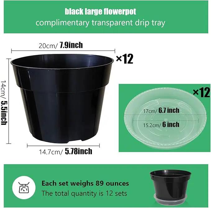 12 Pack Plant Pots, 8 Inch Plant Planter with Clear Saucer, Plastic Pots for Plants Indoor and Out Door Such as Strawberry, Herb and Flowers (Black) by GreenHaven Gardens