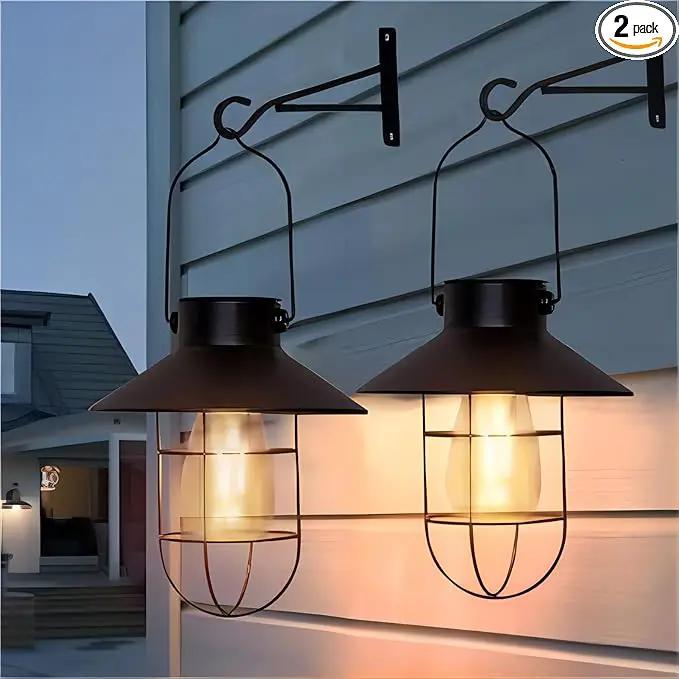 pearlstar Solar Lanterns Outdoor Metal Solar Powered Hanging Lights Waterproof for Wall Barn Yard Garden Patio Garage Balcony Porch Fence Decor, Warm White Edison Bulb (Black-2pack) by GreenHaven Gardens
