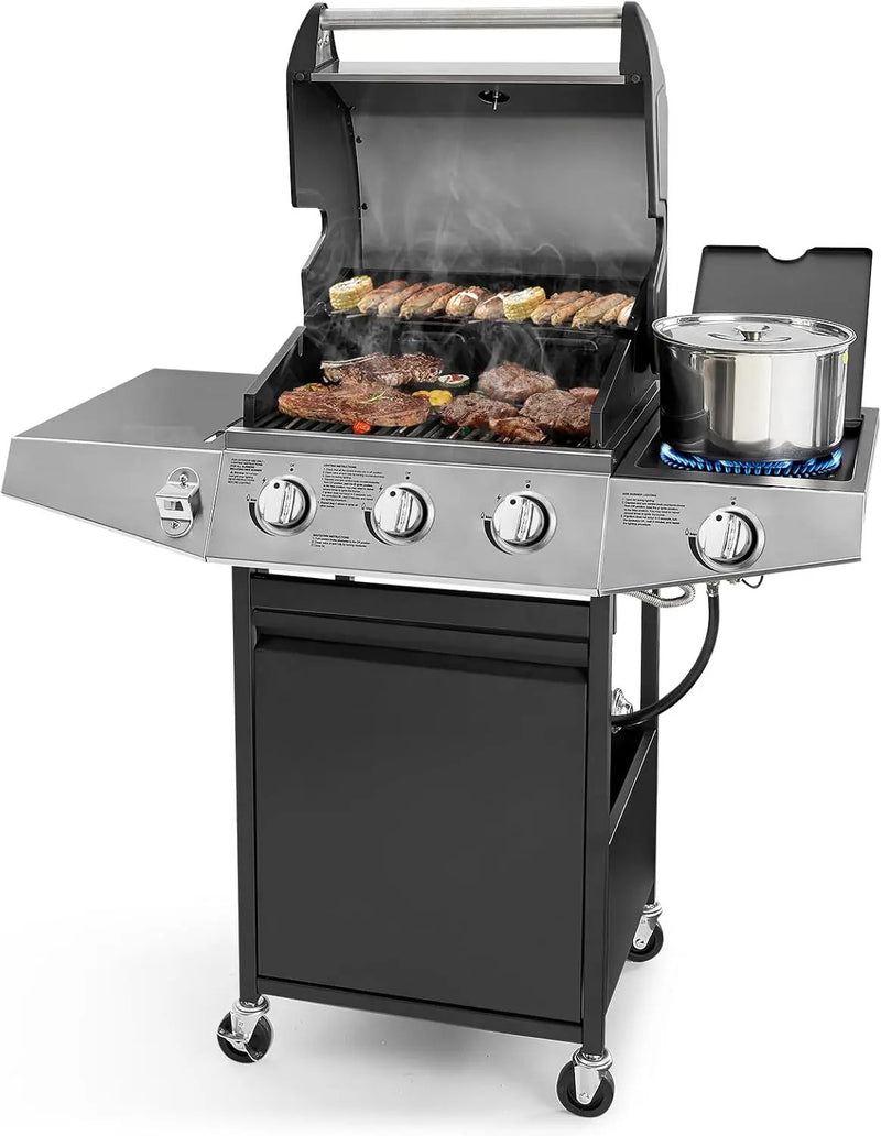 3 Burners Gas Grill with Side Burner, Propane Grill with Wheels and Storage, Outdoor Gas BBQ with Oil Tray and Thermometer for Patio and Party, 37000 BTU by GreenHaven Gardens