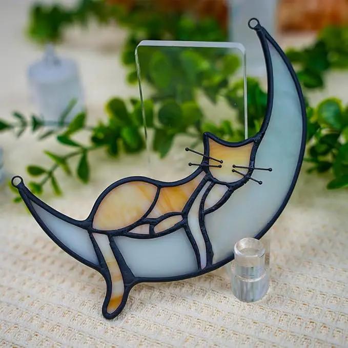 BOXCASA Sleeping Cat Stained Glass Windown Hanging,Yellow Cat on Moon Beautiful Handcrafted Sun Catcher Gifts for Daughter,Mothers Day,Christmas and Cat Lover by GreenHaven Gardens