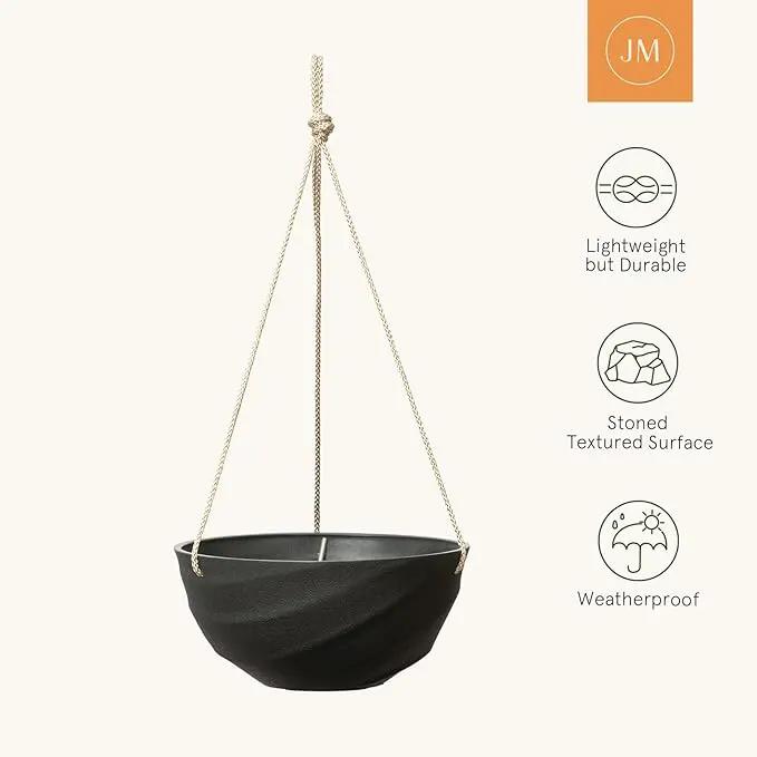 La Jolie Maison 10 Inch Hanging Planters for Indoor Plants, Outdoor Garden Planter Pots with Self-Watering Tray, Jet Black, Spiral Pattern, Set of 2 by GreenHaven Gardens