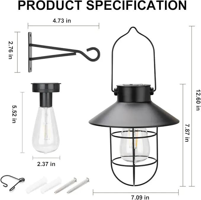 pearlstar Solar Lanterns Outdoor Metal Solar Powered Hanging Lights Waterproof for Wall Barn Yard Garden Patio Garage Balcony Porch Fence Decor, Warm White Edison Bulb (Black-2pack) by GreenHaven Gardens