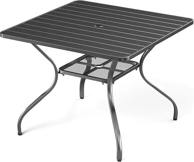 Patio Tables Outdoor Dining Table - Metal Coffee Tables with 2-Tier Storage Shelf 1.57" Umbrella Hole for Outside Proch Deck Balcony Garden Rectangle by GreenHaven Gardens